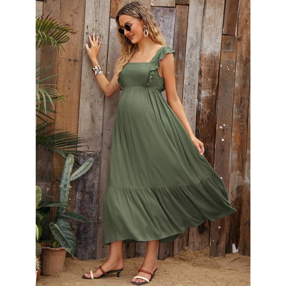 Maternity Tie Backless Ruffle Trim Dress - Picture 1 of 11